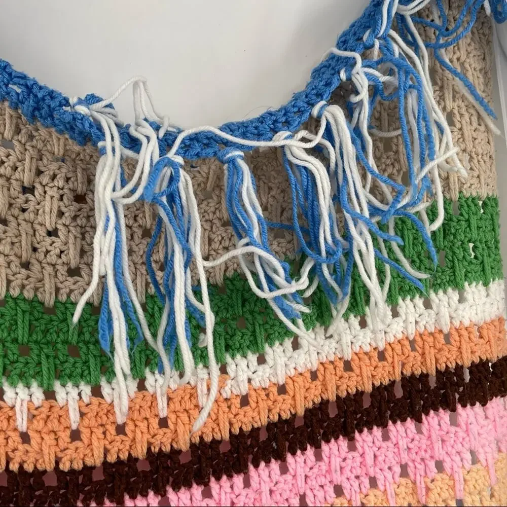 VINTAGE Handmade Blanket Grandma Style Granny Knit Stripes Colorful Throw 60x82”
